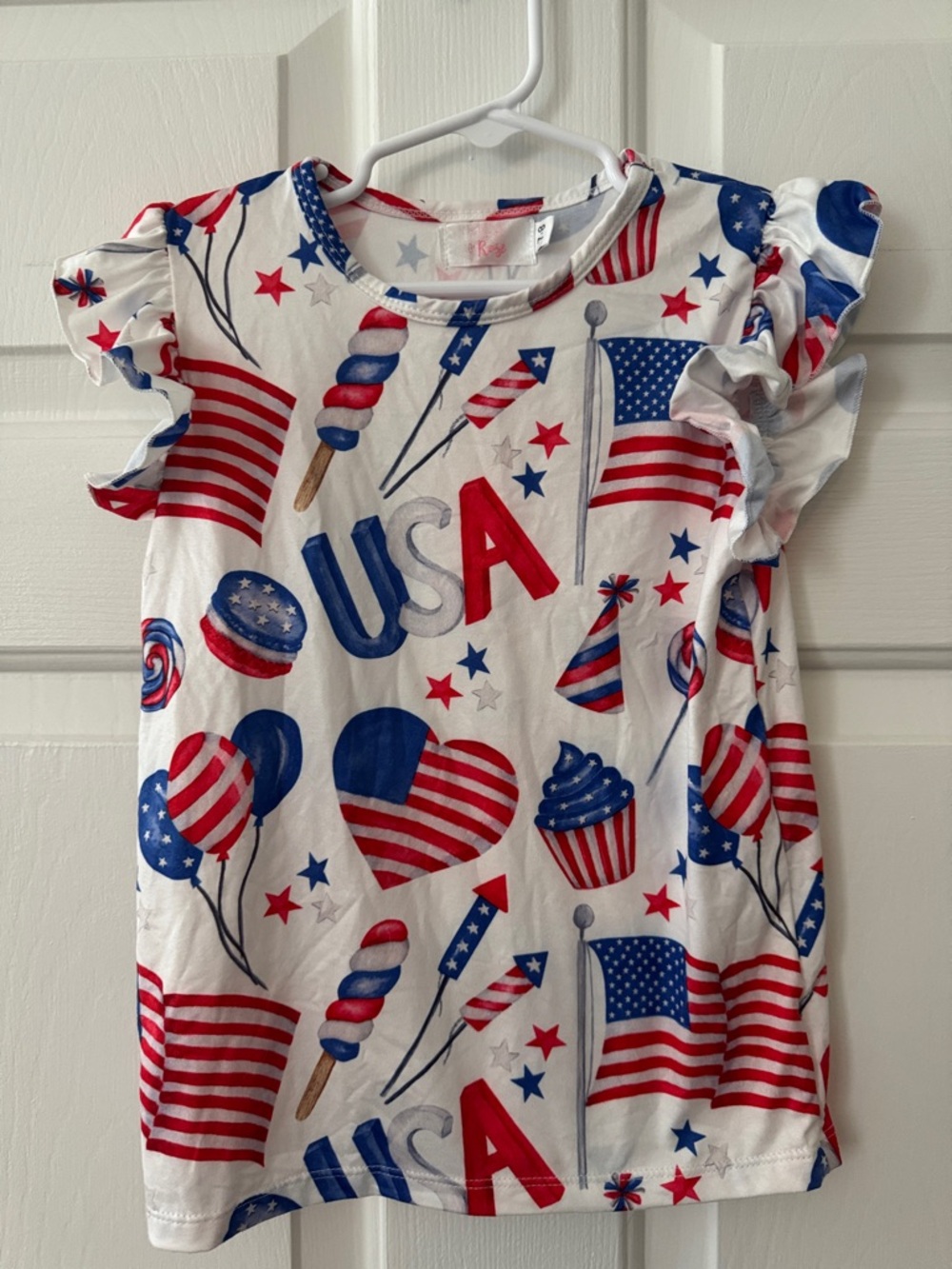 Mila & Rose - USA Flag Print Ruffle Sleeve Tee - Red, White & Blue - EUC
